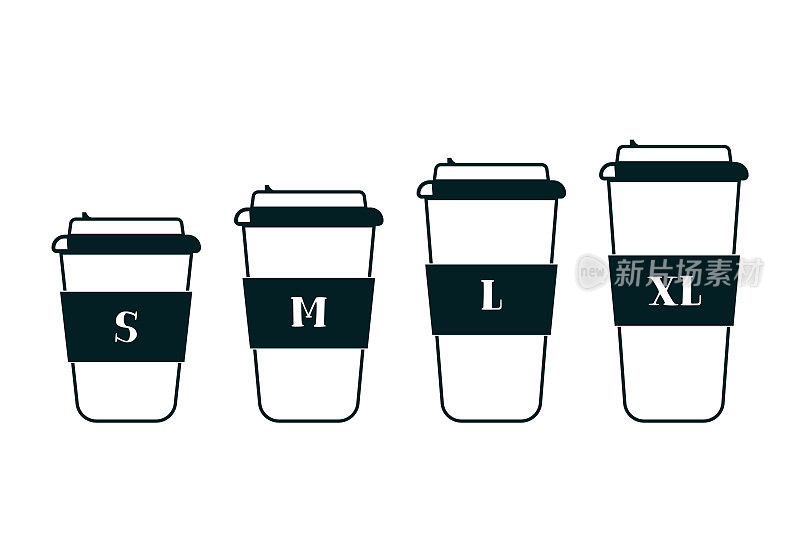咖啡杯的尺寸，S, M, L, XL。矢量图像线设置在平坦的现代风格